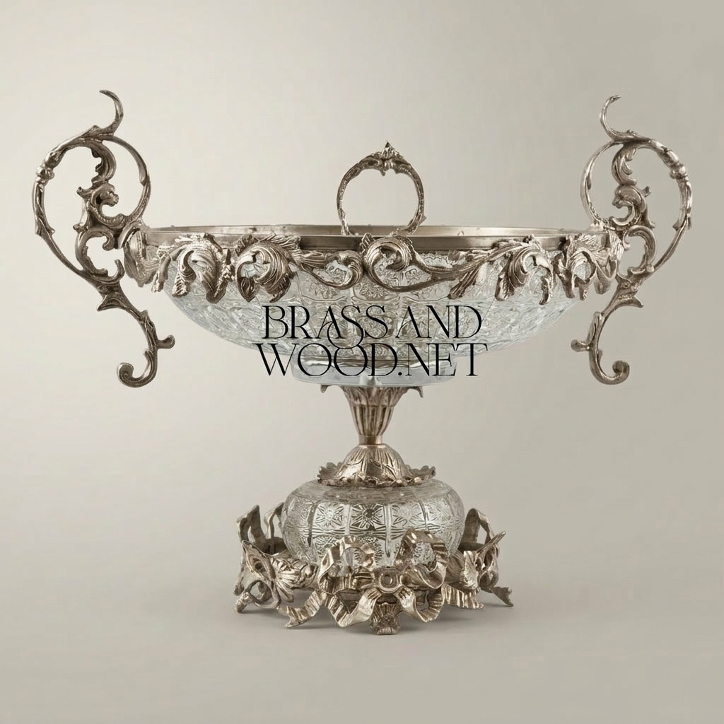 Baroque Crystal & Brass Centerpiece Bowl with Scrolled Handles — Silver