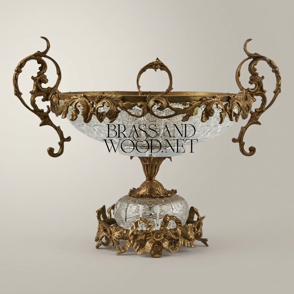 Baroque Crystal & Brass Centerpiece Bowl with Scrolled Handles — Antique Gold