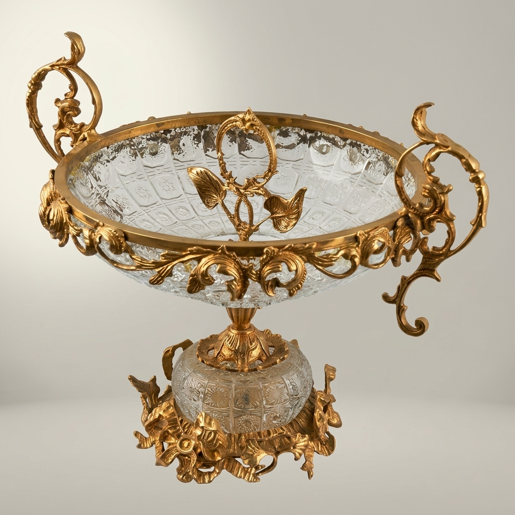 Baroque Crystal & Brass Centerpiece Bowl with Scrolled Handles