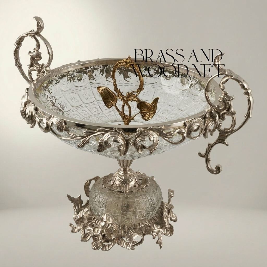 Baroque Crystal & Brass Centerpiece Bowl with Scrolled Handles — Silver