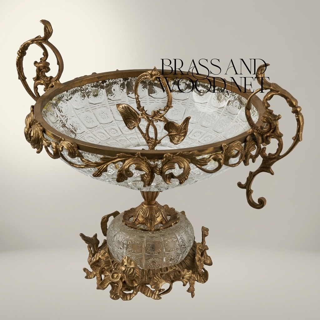 Baroque Crystal & Brass Centerpiece Bowl with Scrolled Handles — Antique Gold