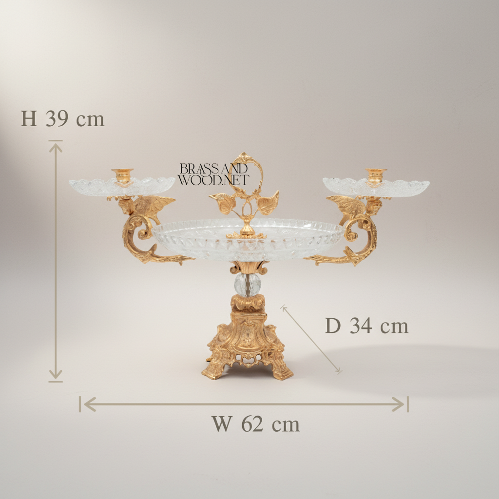 Baroque Crystal & Brass Centerpiece Tray with Dual Candle Arms — Gold