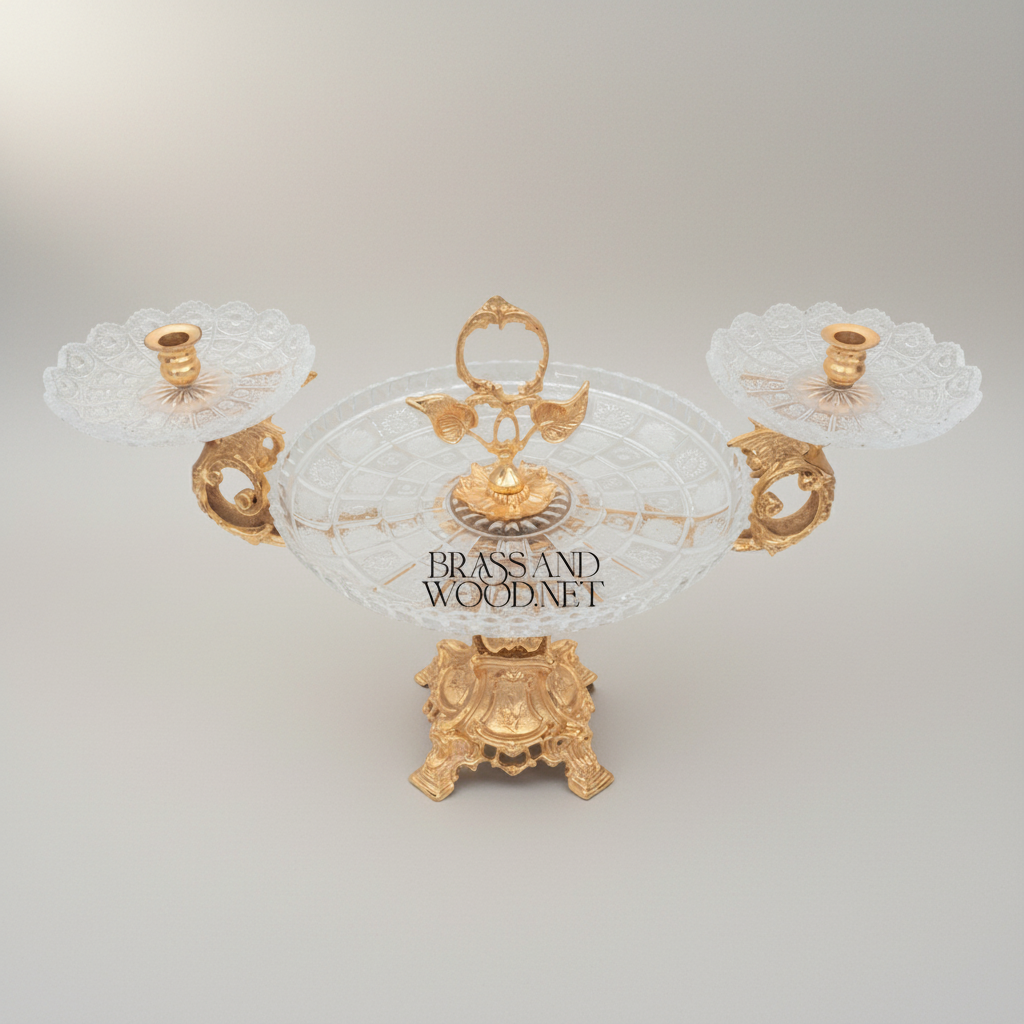 Baroque Crystal & Brass Centerpiece Tray with Dual Candle Arms — Gold