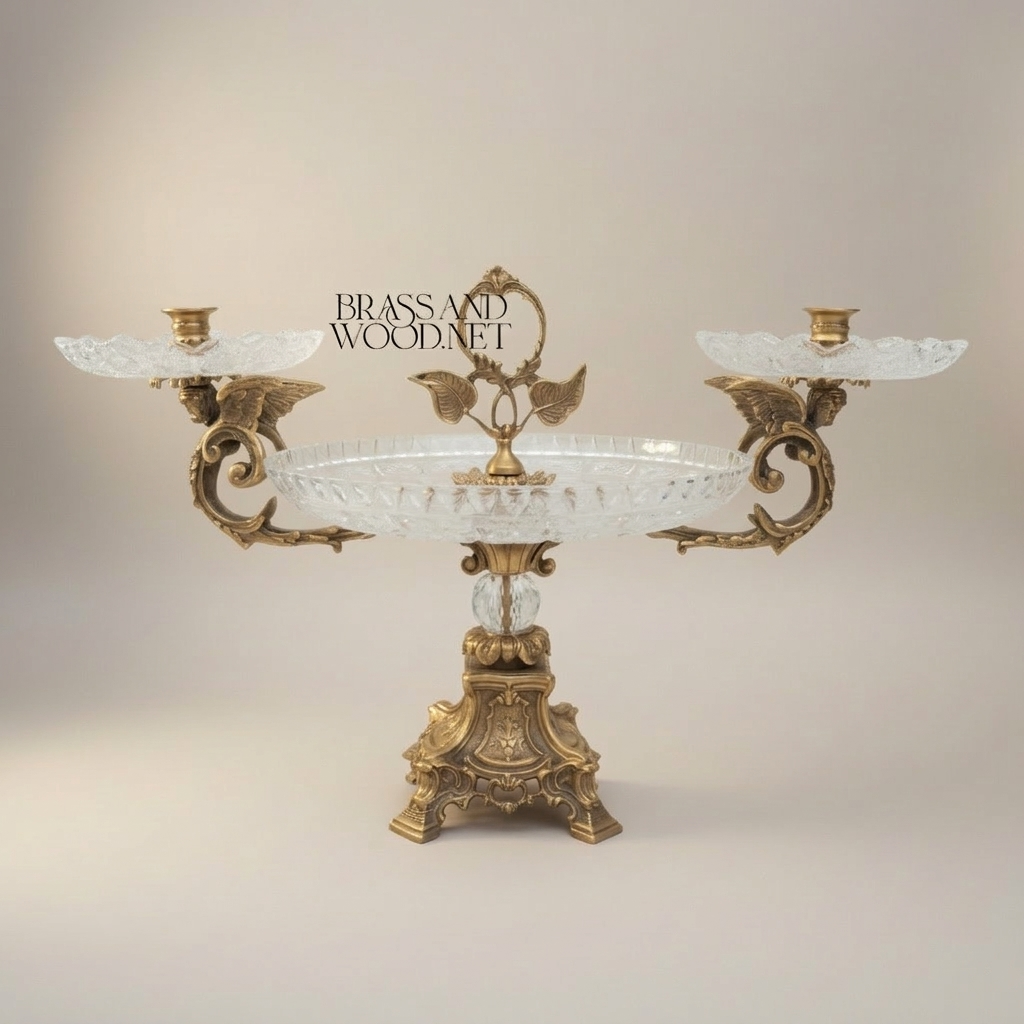 Baroque Crystal & Brass Centerpiece Tray with Dual Candle Arms