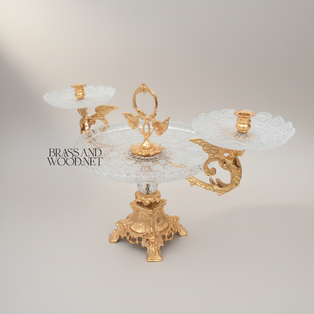Baroque Crystal & Brass Centerpiece Tray with Dual Candle Arms — Gold
