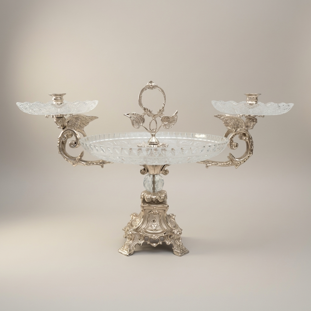 Baroque Crystal & Brass Centerpiece Tray with Dual Candle Arms — Silver