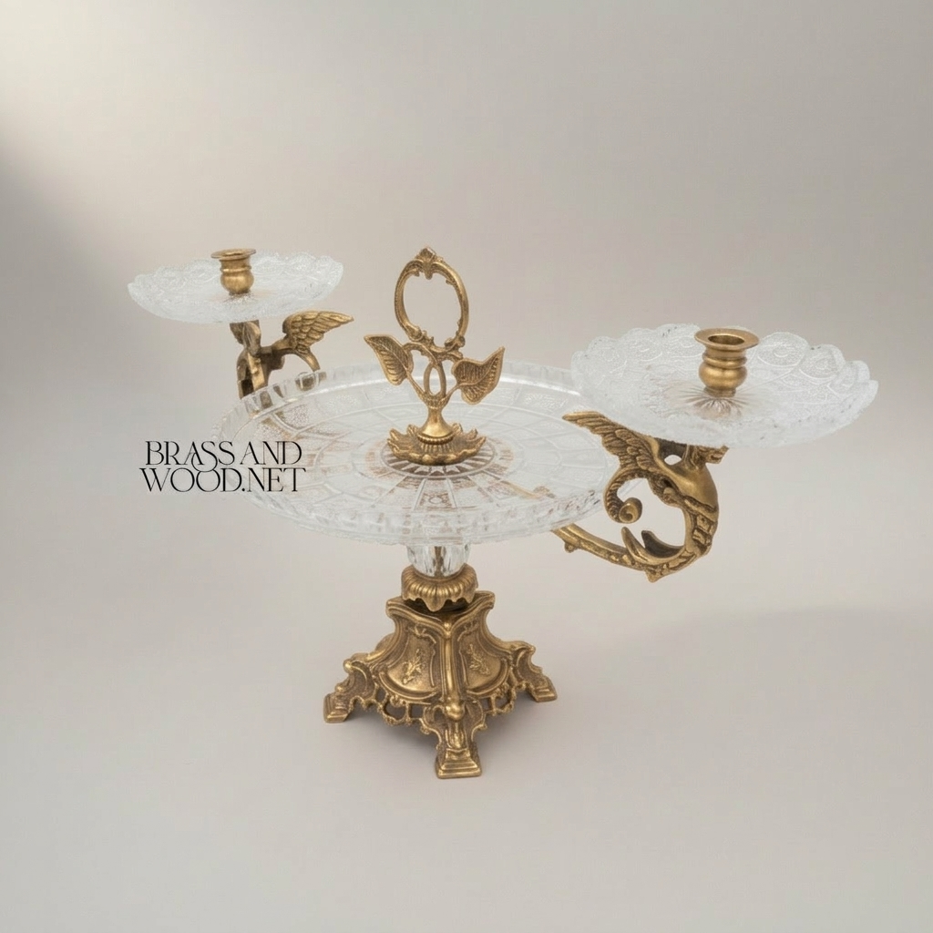 Baroque Crystal & Brass Centerpiece Tray with Dual Candle Arms