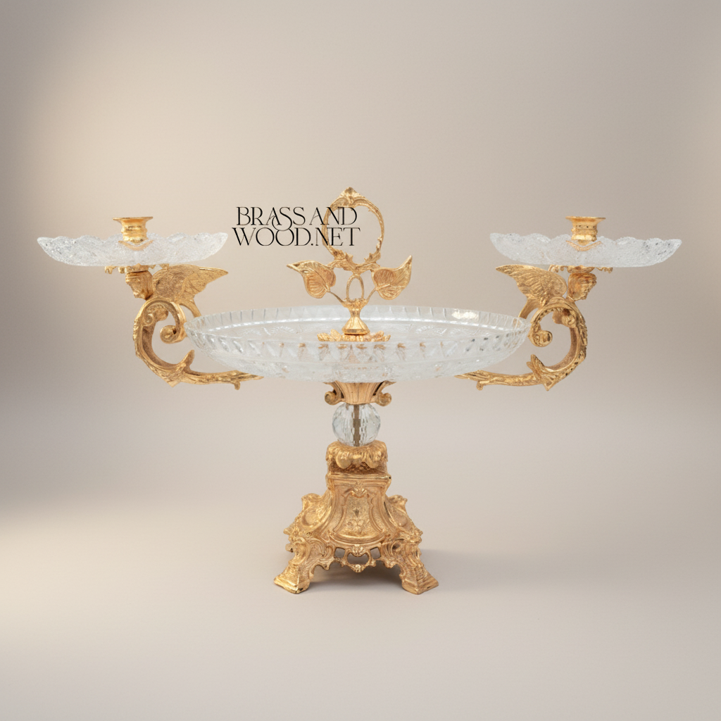 Baroque Crystal & Brass Centerpiece Tray with Dual Candle Arms — Gold