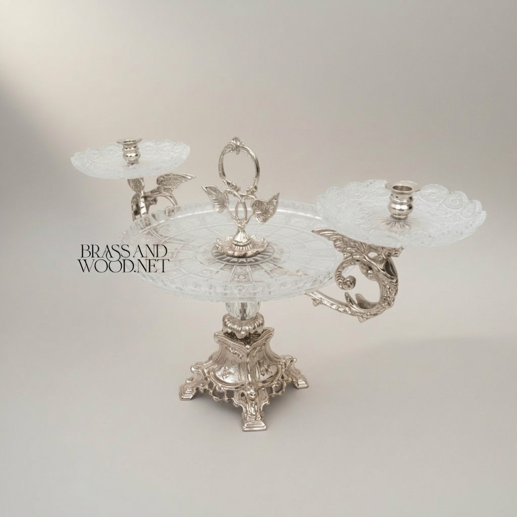 Baroque Crystal & Brass Centerpiece Tray with Dual Candle Arms — Silver