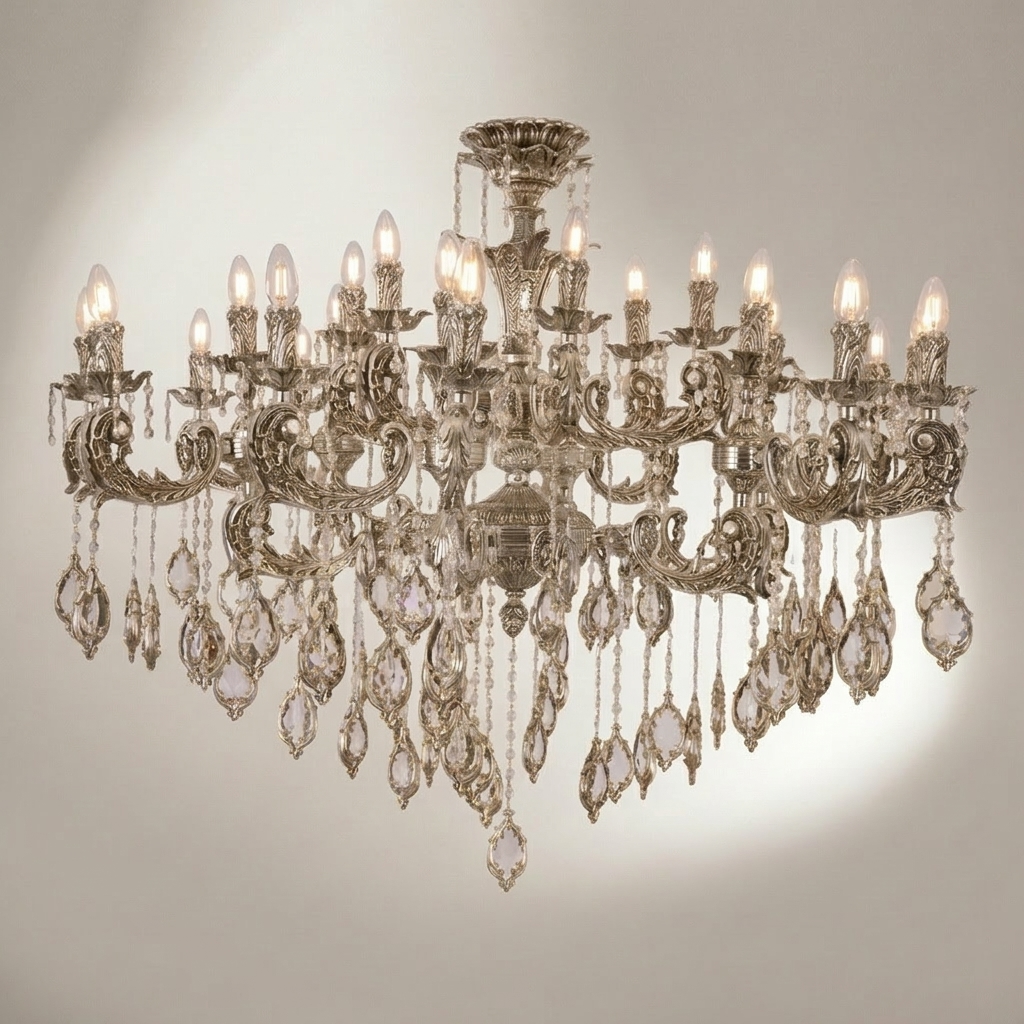 Baroque Crystal Brass Chandelier 18-Arm with Cascading Crystal Pendants — Silver
