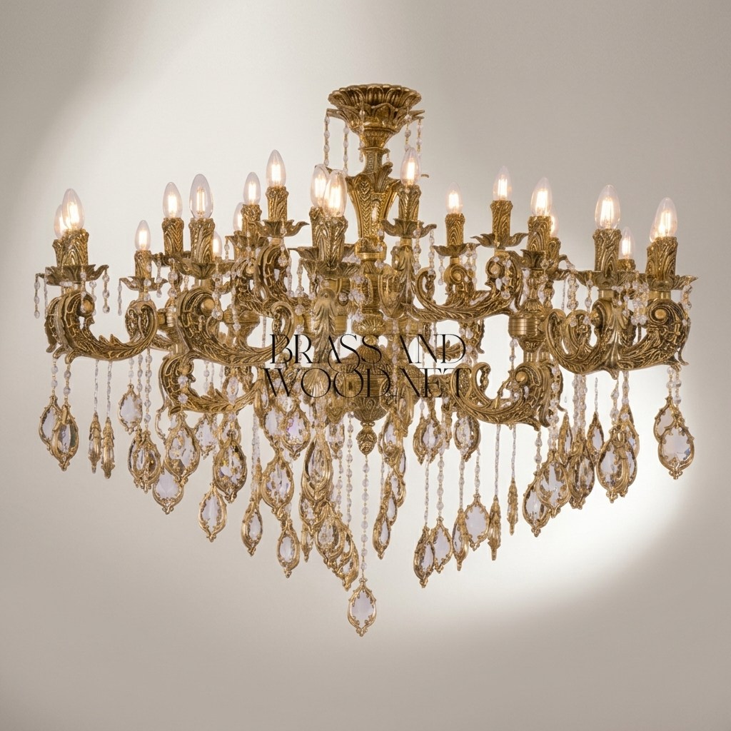Baroque Crystal Brass Chandelier 18-Arm with Cascading Crystal Pendants — Antique Gold