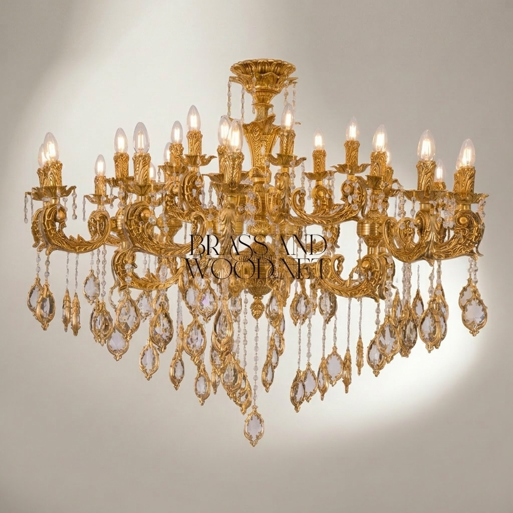 Baroque Crystal Brass Chandelier 18-Arm with Cascading Crystal Pendants — Gold