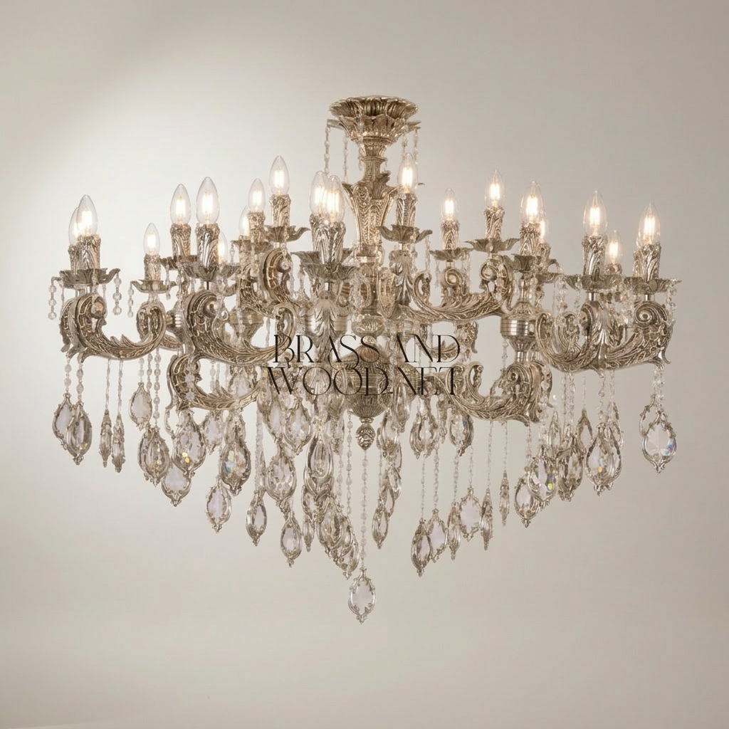 Baroque Crystal Brass Chandelier 18-Arm with Cascading Crystal Pendants — Silver