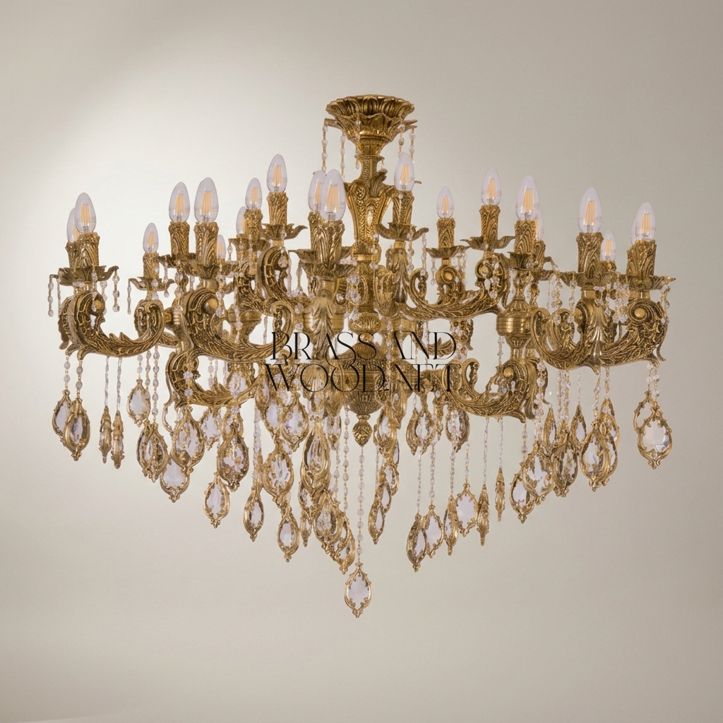 Baroque Crystal Brass Chandelier 18-Arm with Cascading Crystal Pendants — Antique Gold