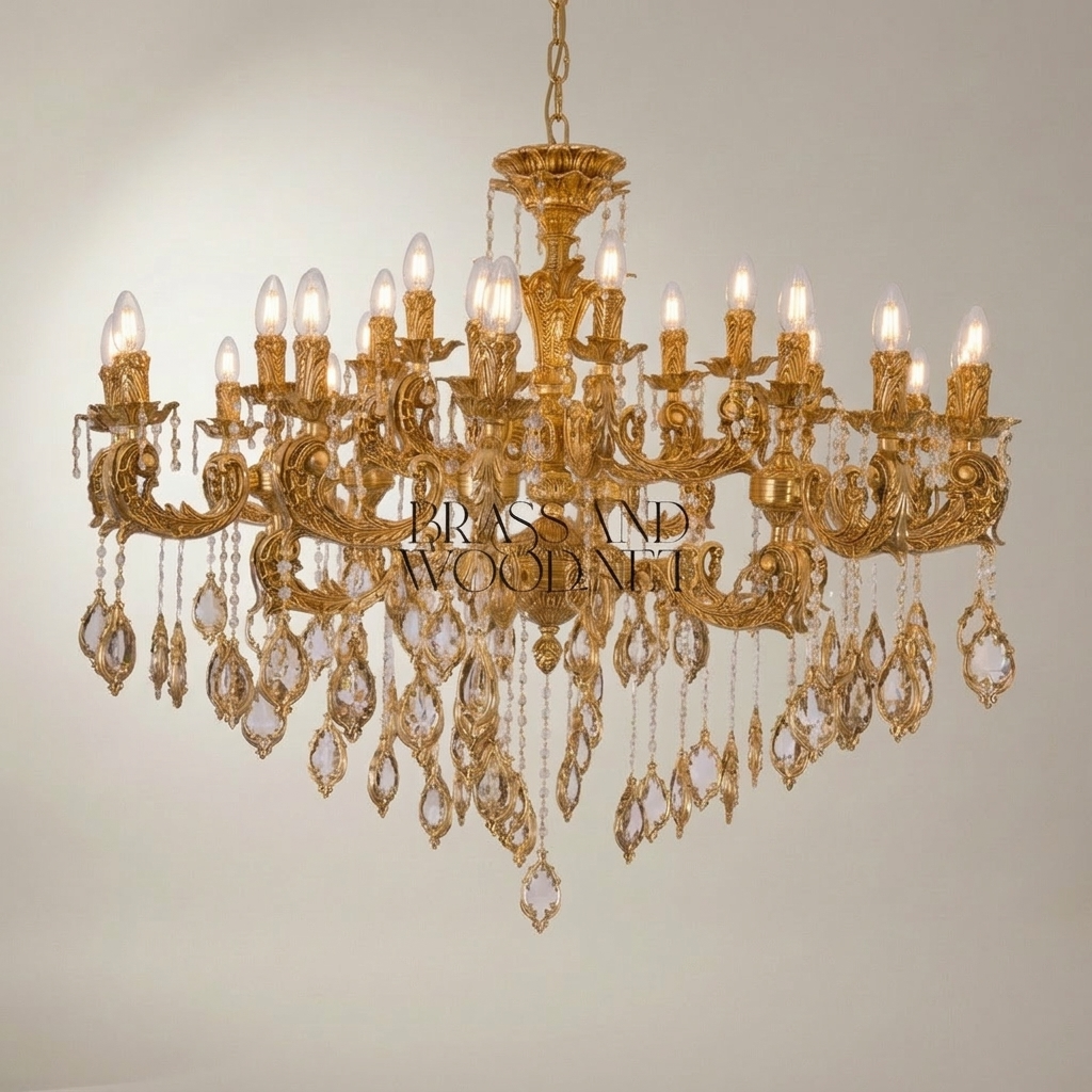 Baroque Crystal Brass Chandelier 18-Arm with Cascading Crystal Pendants