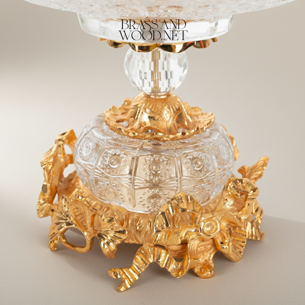 Baroque Crystal & Brass Compote Bowl - Floral Swag Pedestal — Gold