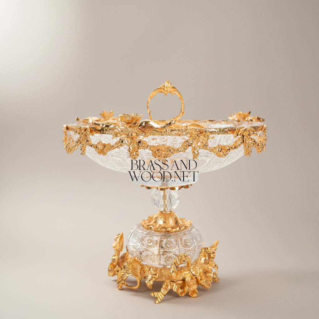 Baroque Crystal & Brass Compote Bowl - Floral Swag Pedestal — Gold