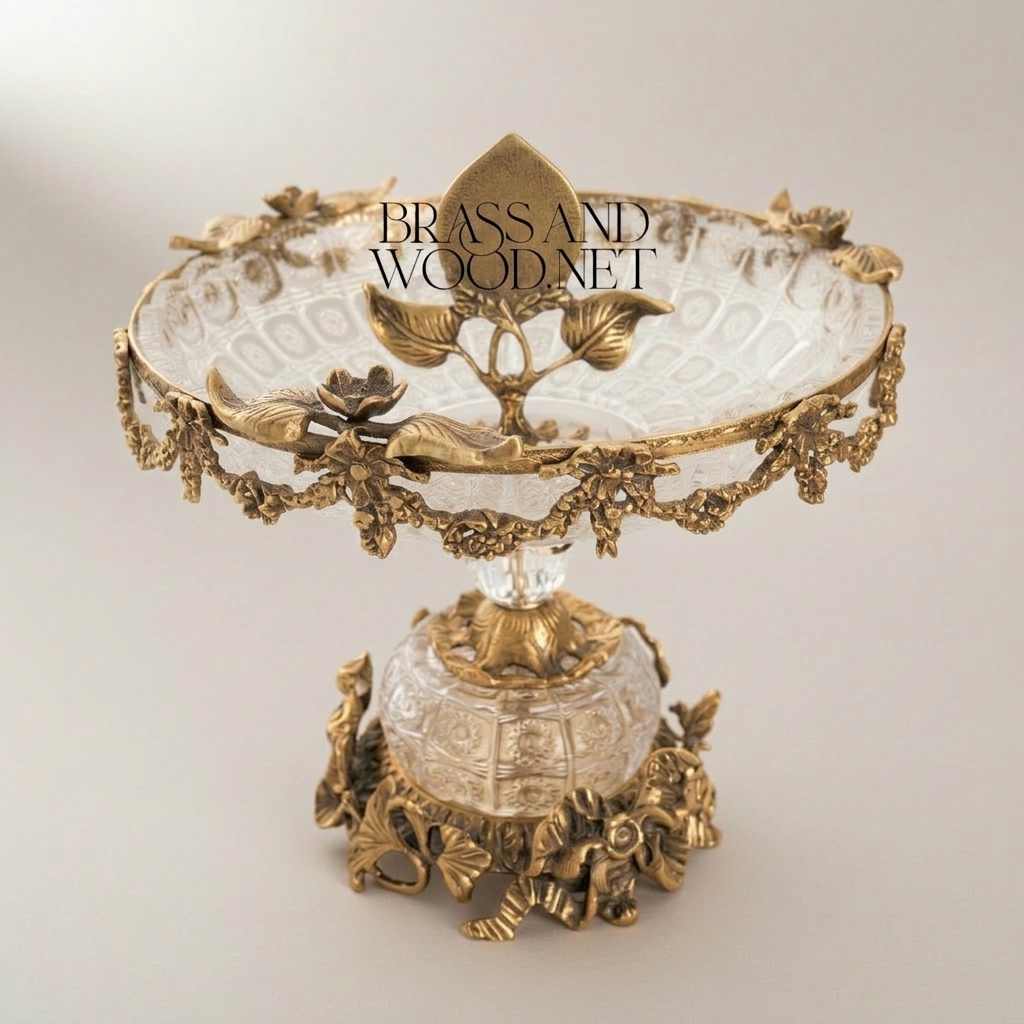 Baroque Crystal & Brass Compote Bowl - Floral Swag Pedestal