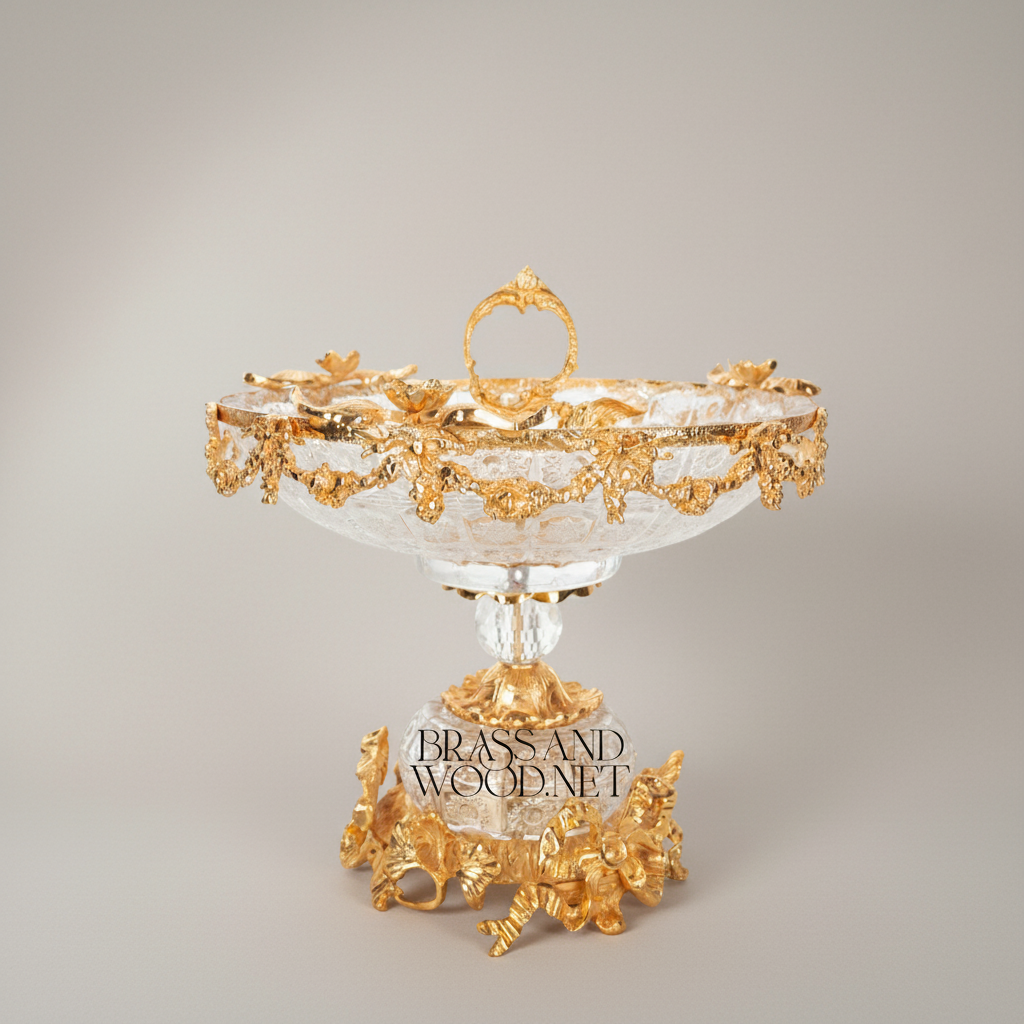 Baroque Crystal & Brass Compote Bowl - Floral Swag Pedestal — Gold