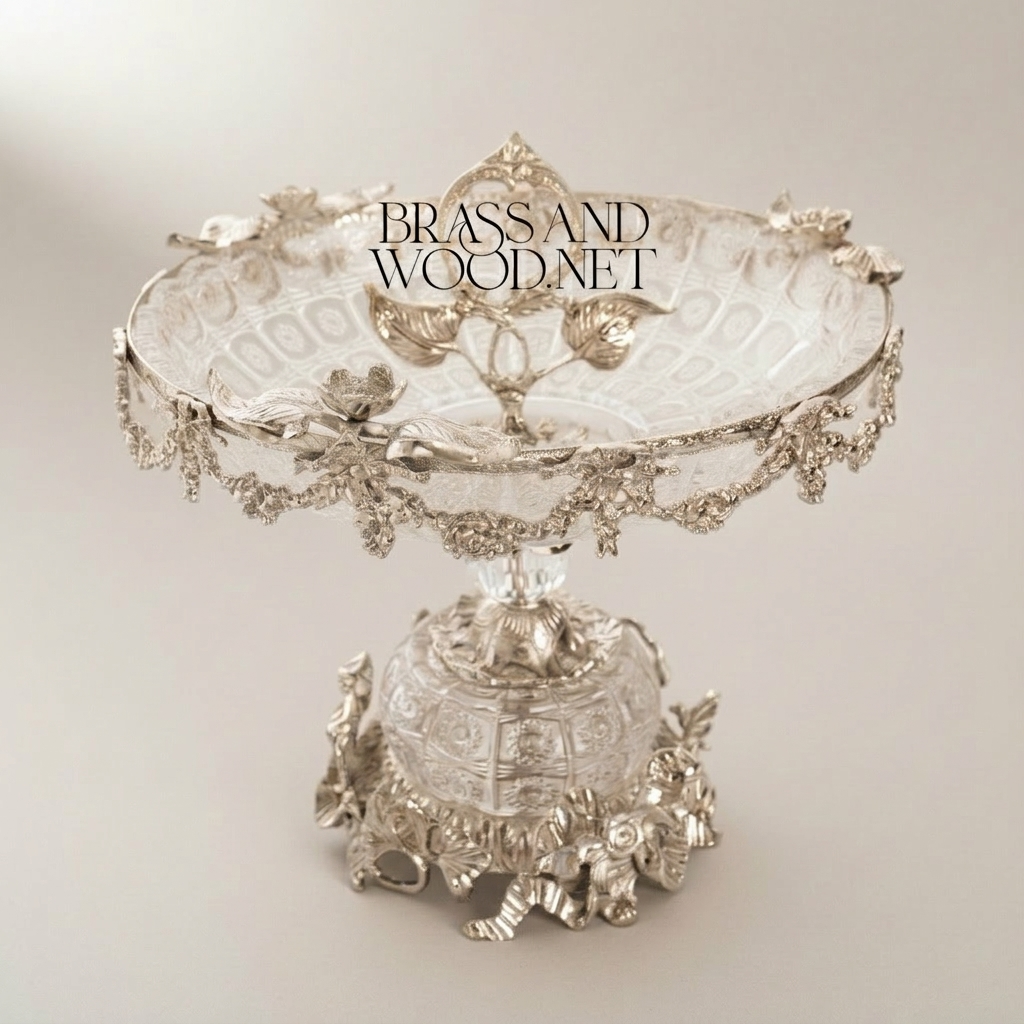 Baroque Crystal & Brass Compote Bowl - Floral Swag Pedestal — Silver