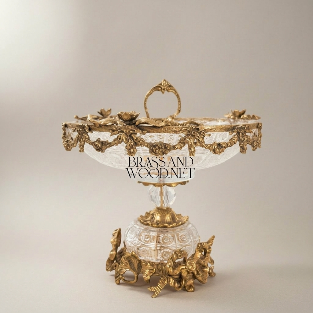 Baroque Crystal & Brass Compote Bowl - Floral Swag Pedestal