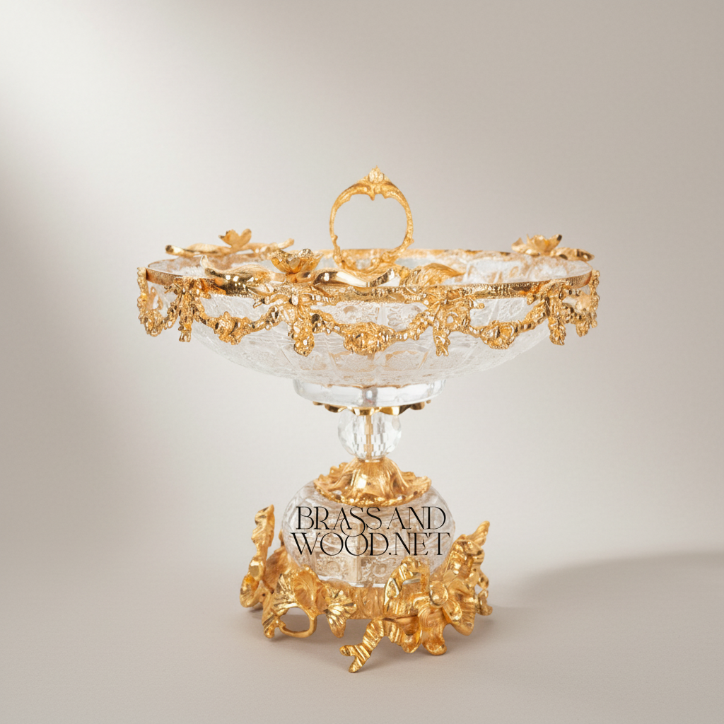 Baroque Crystal & Brass Compote Bowl - Floral Swag Pedestal — Gold