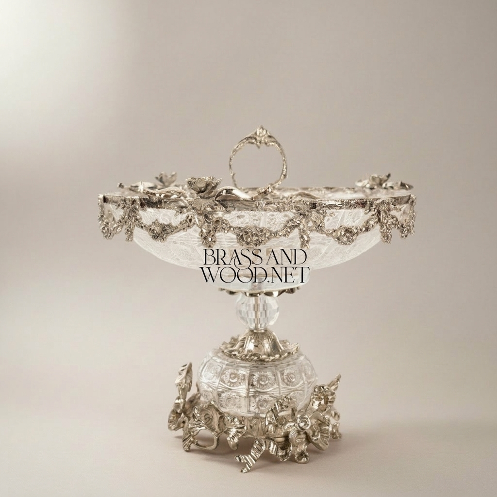 Baroque Crystal & Brass Compote Bowl - Floral Swag Pedestal — Silver