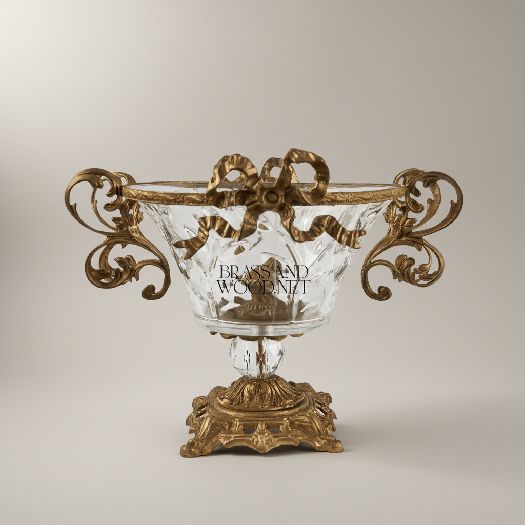 Baroque Crystal & Brass Compote Bowl - Scrollwork Handles & Ribbon Crown — Antique Gold