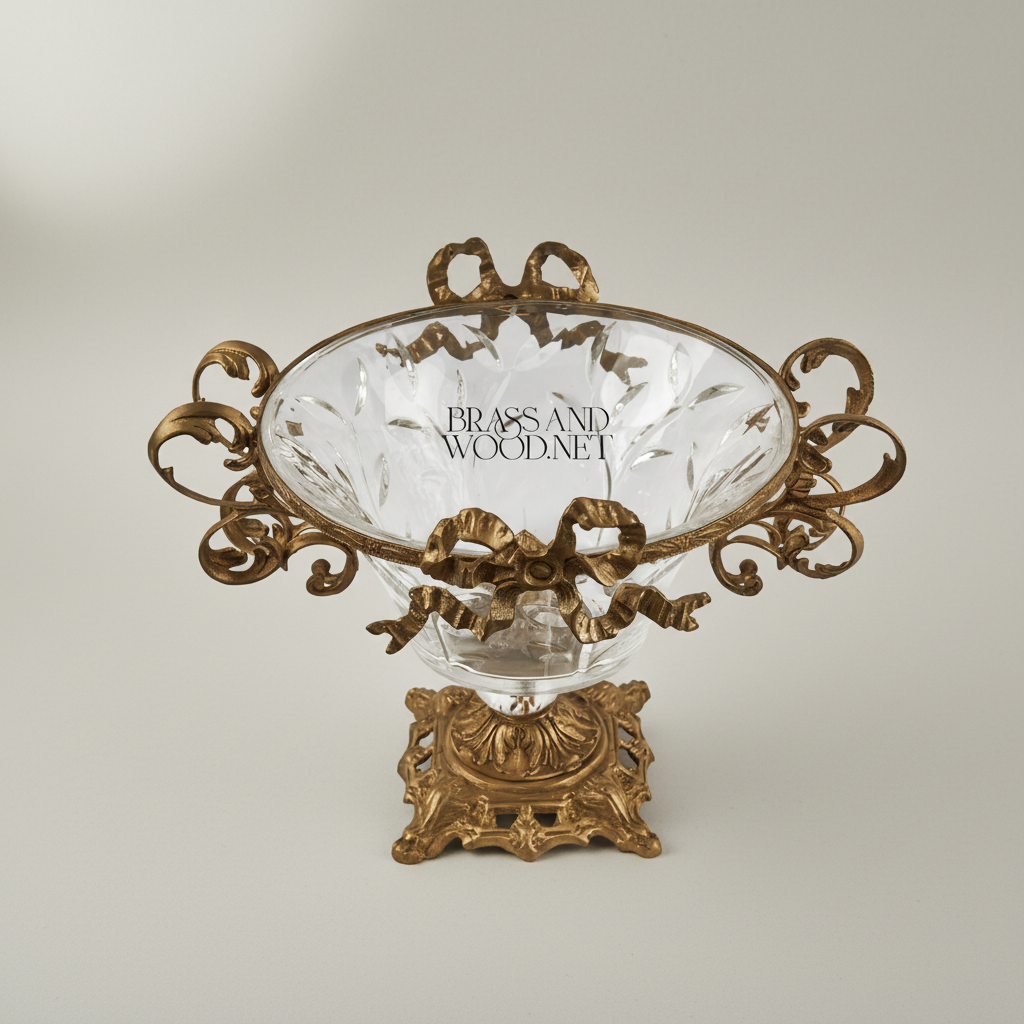 Baroque Crystal & Brass Compote Bowl - Scrollwork Handles & Ribbon Crown