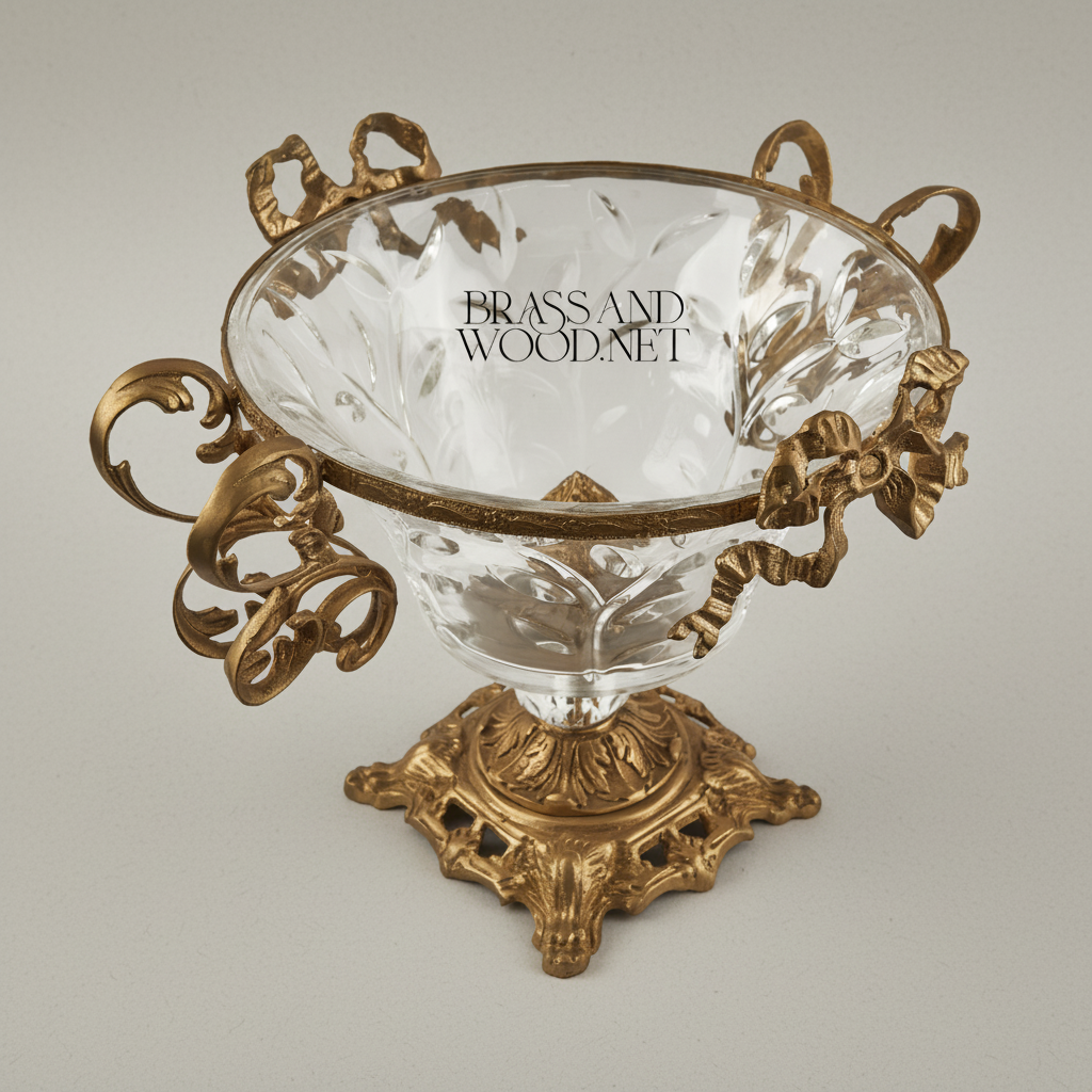 Baroque Crystal & Brass Compote Bowl - Scrollwork Handles & Ribbon Crown