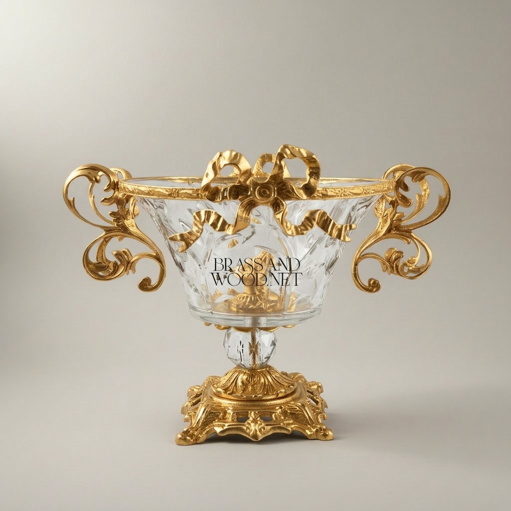 Baroque Crystal & Brass Compote Bowl - Scrollwork Handles & Ribbon Crown — Gold