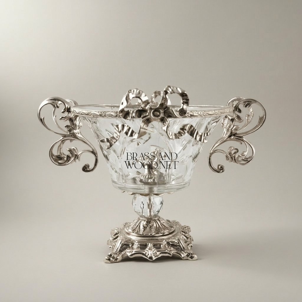Baroque Crystal & Brass Compote Bowl - Scrollwork Handles & Ribbon Crown — Silver