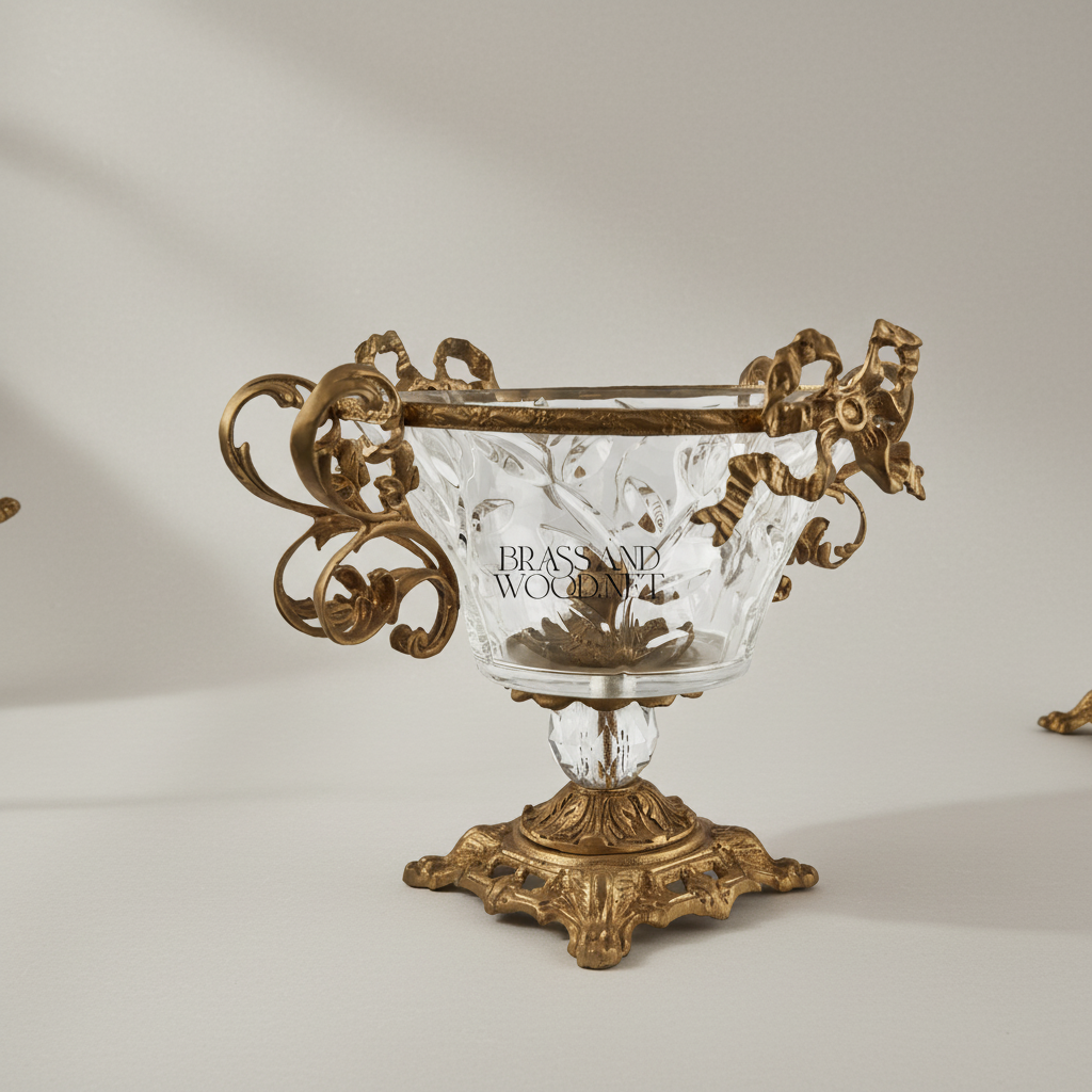 Baroque Crystal & Brass Compote Bowl - Scrollwork Handles & Ribbon Crown — Antique Gold