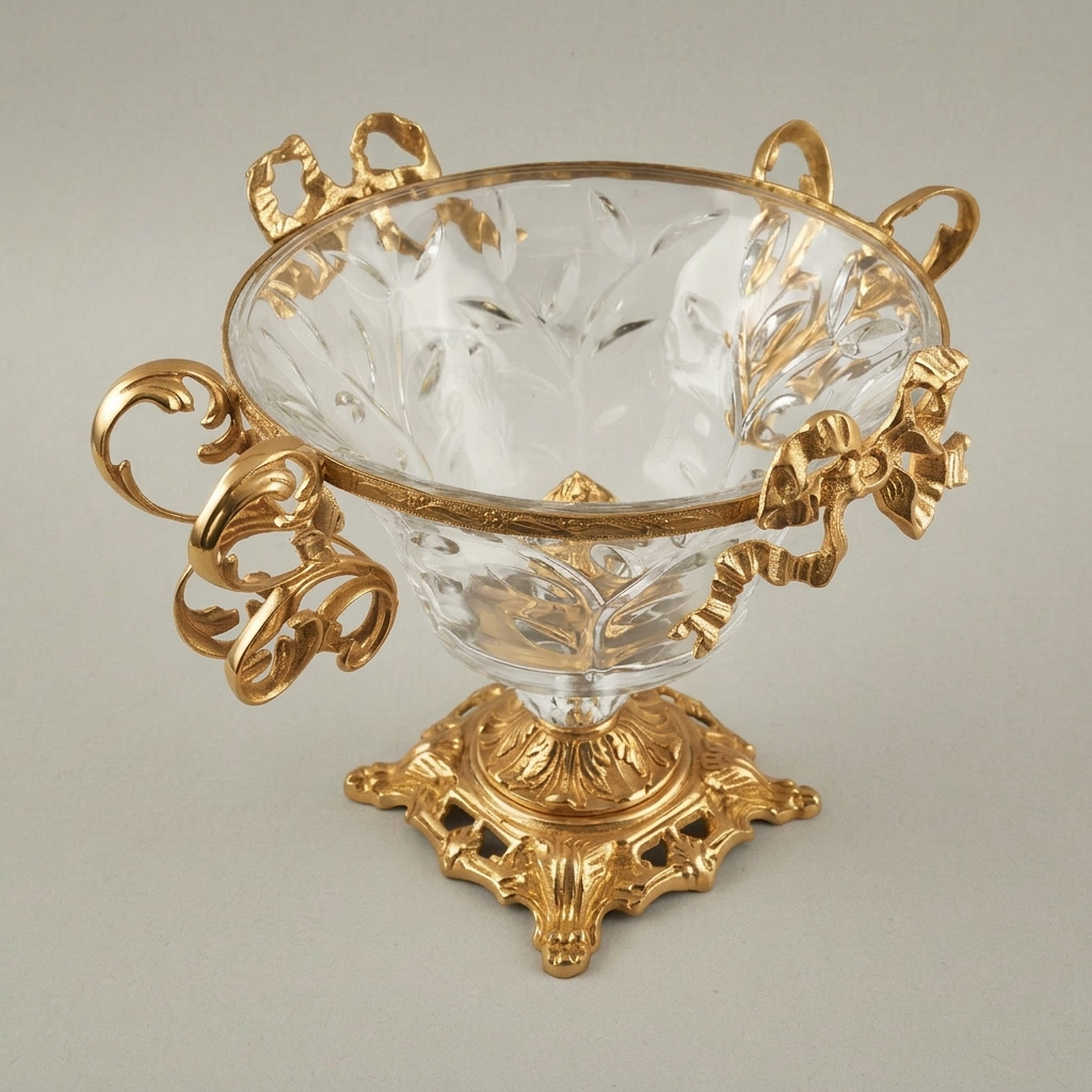 Baroque Crystal & Brass Compote Bowl - Scrollwork Handles & Ribbon Crown — Gold