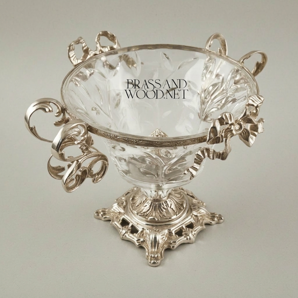 Baroque Crystal & Brass Compote Bowl - Scrollwork Handles & Ribbon Crown — Silver