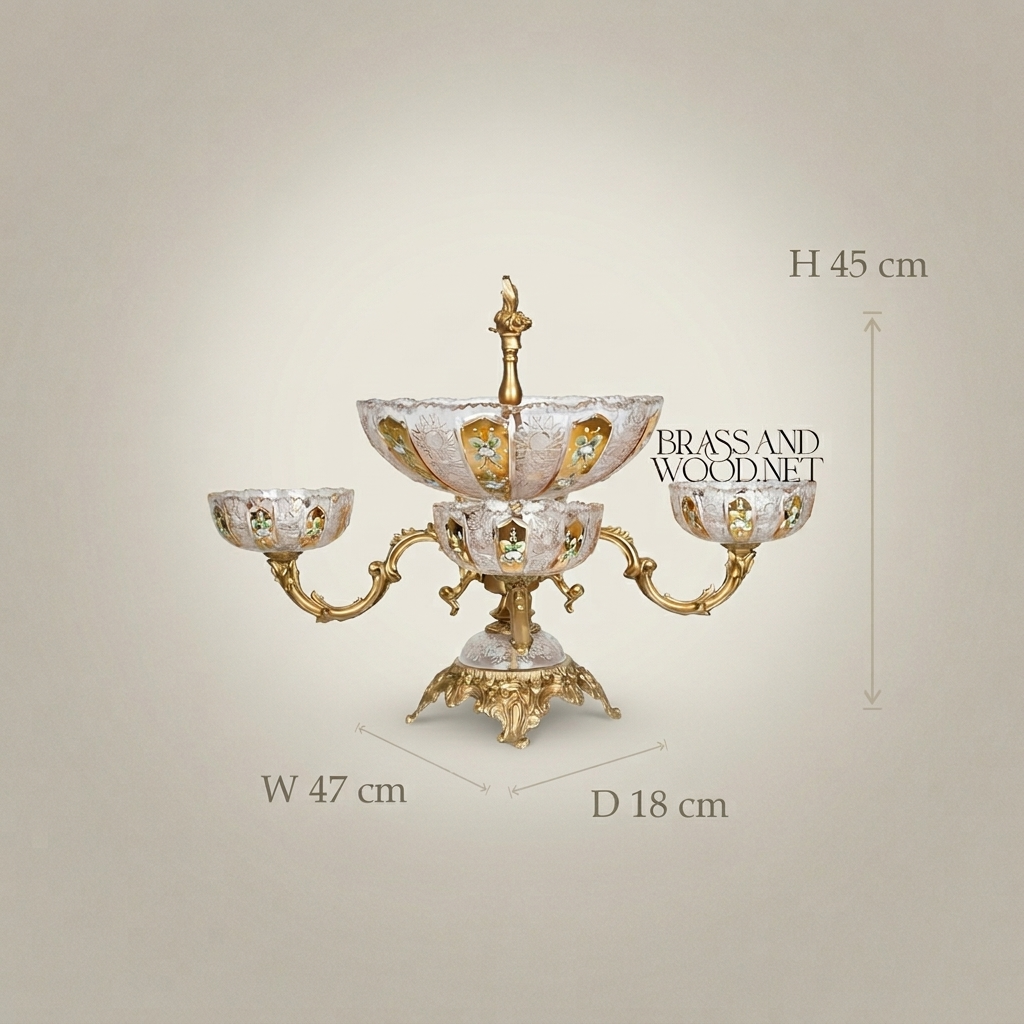 Baroque Crystal & Brass Centerpiece Epergne - Tiered Floral-Etched Bowls with Ornate Stand — Antique Gold