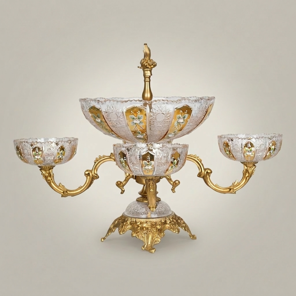 Baroque Crystal & Brass Centerpiece Epergne - Tiered Floral-Etched Bowls with Ornate Stand