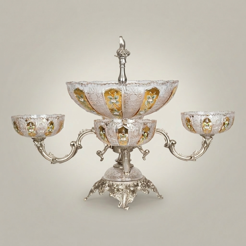Baroque Crystal & Brass Centerpiece Epergne - Tiered Floral-Etched Bowls with Ornate Stand — Silver