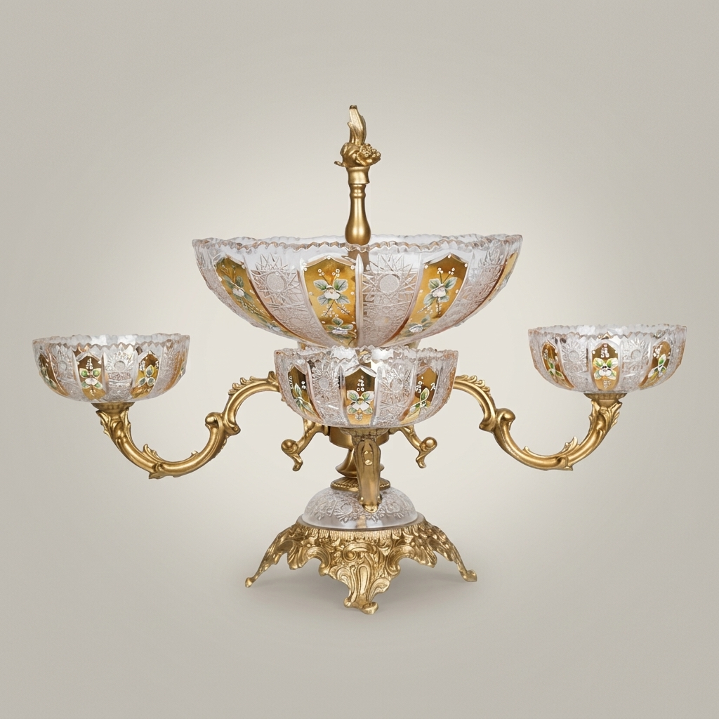 Baroque Crystal & Brass Centerpiece Epergne - Tiered Floral-Etched Bowls with Ornate Stand — Antique Gold