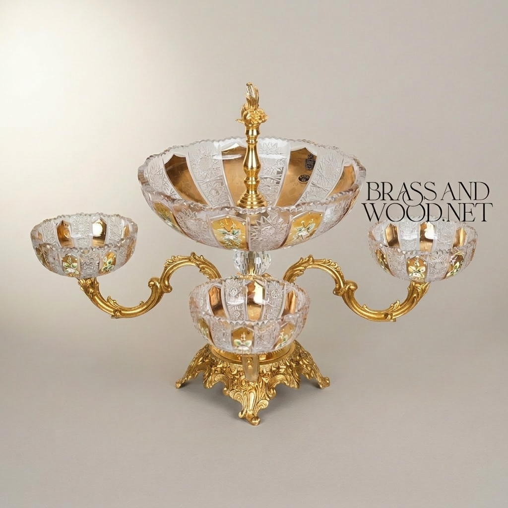 Baroque Crystal & Brass Centerpiece Epergne - Tiered Floral-Etched Bowls with Ornate Stand