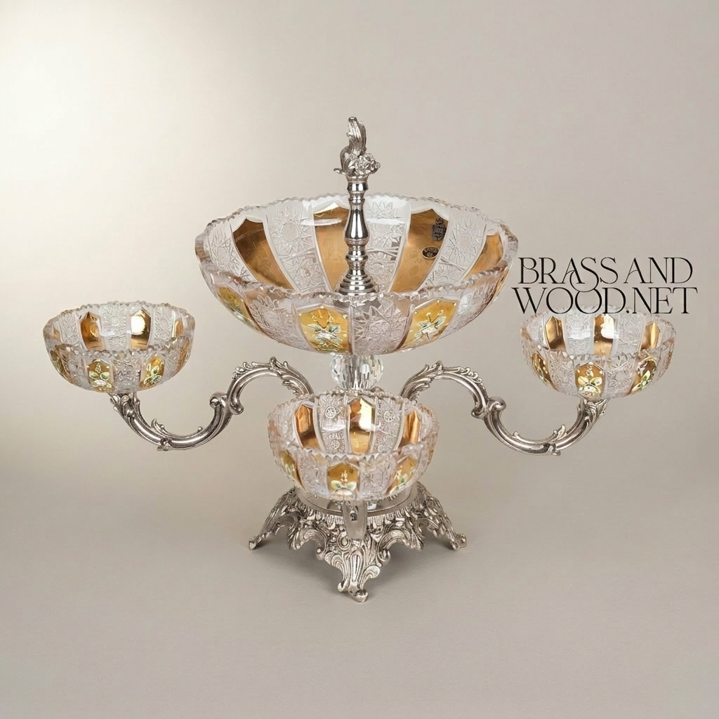 Baroque Crystal & Brass Centerpiece Epergne - Tiered Floral-Etched Bowls with Ornate Stand — Silver