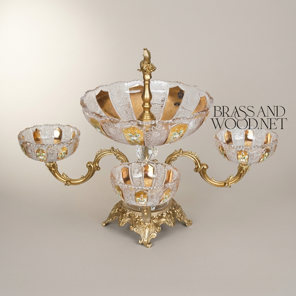 Baroque Crystal & Brass Centerpiece Epergne - Tiered Floral-Etched Bowls with Ornate Stand — Antique Gold