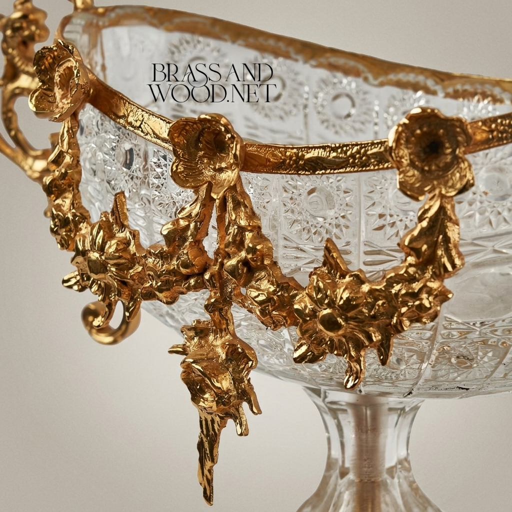 Baroque Crystal & Brass Footed Centerpiece Bowl with Floral Garland