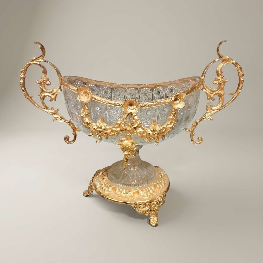 Baroque Crystal & Brass Footed Centerpiece Bowl with Floral Garland