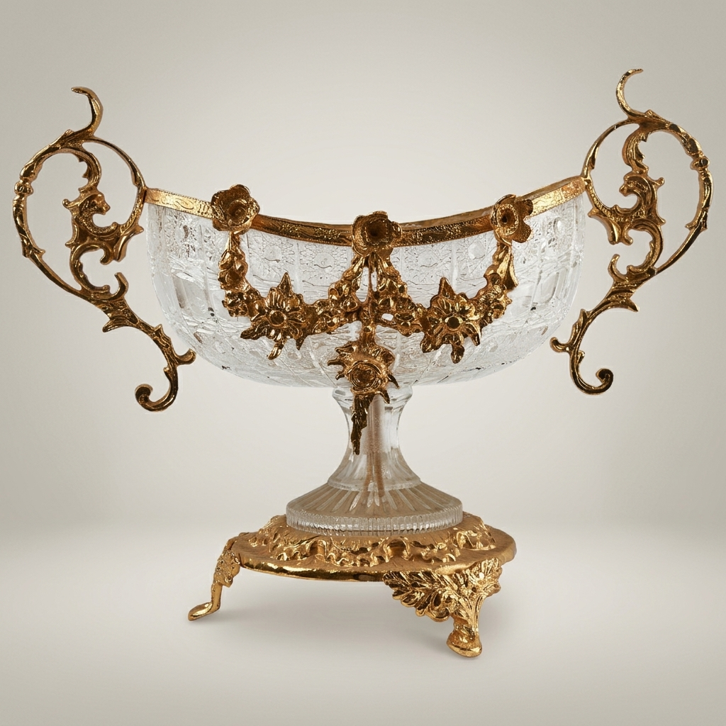 Baroque Crystal & Brass Footed Centerpiece Bowl with Floral Garland