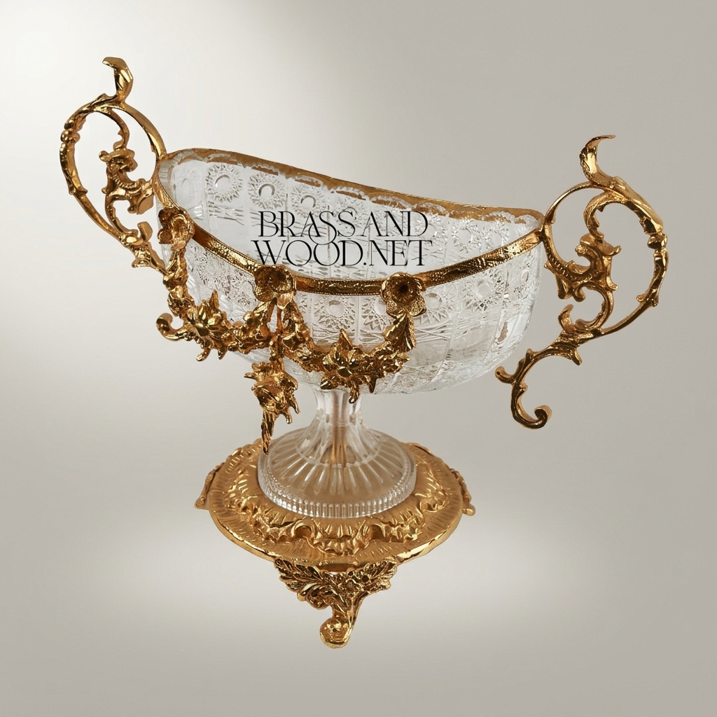 Baroque Crystal & Brass Footed Centerpiece Bowl with Floral Garland