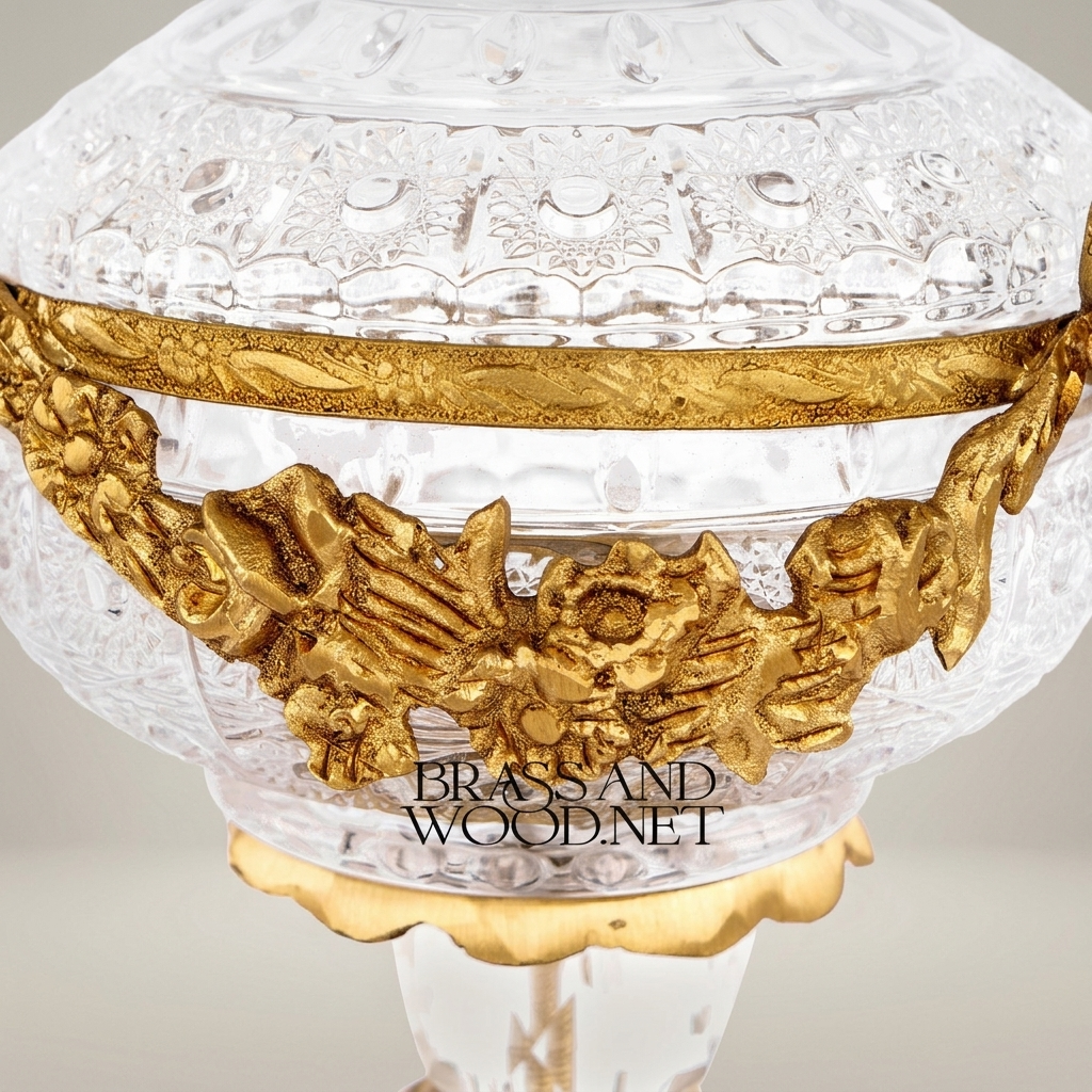 Baroque Crystal & Brass Lidded Candy Bowl - Floral Garland Pedestal