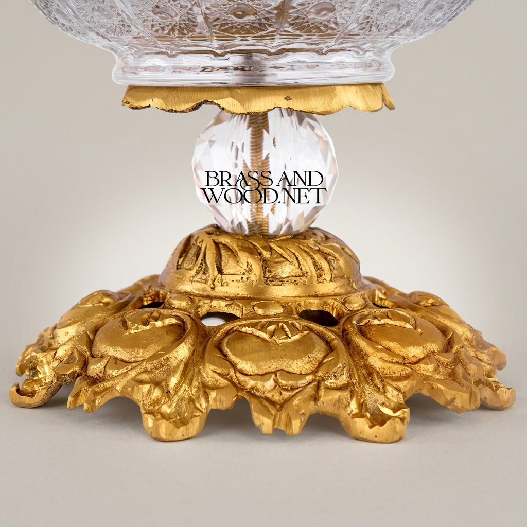 Baroque Crystal & Brass Lidded Candy Bowl - Floral Garland Pedestal — Gold