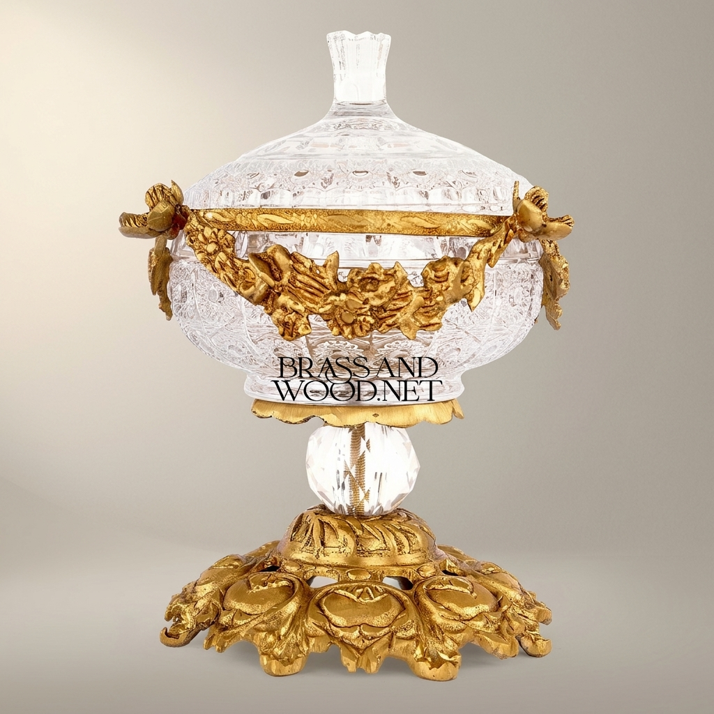 Baroque Crystal & Brass Lidded Candy Bowl - Floral Garland Pedestal