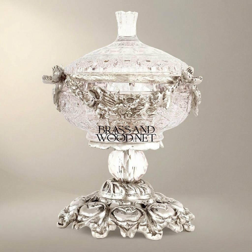 Baroque Crystal & Brass Lidded Candy Bowl - Floral Garland Pedestal — Silver